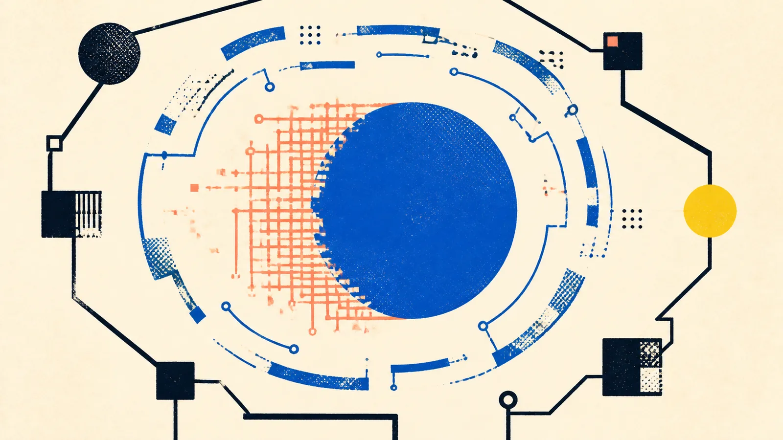 Riso-style circuit illustration: a solid blue circle overtaking an orange grid of traces